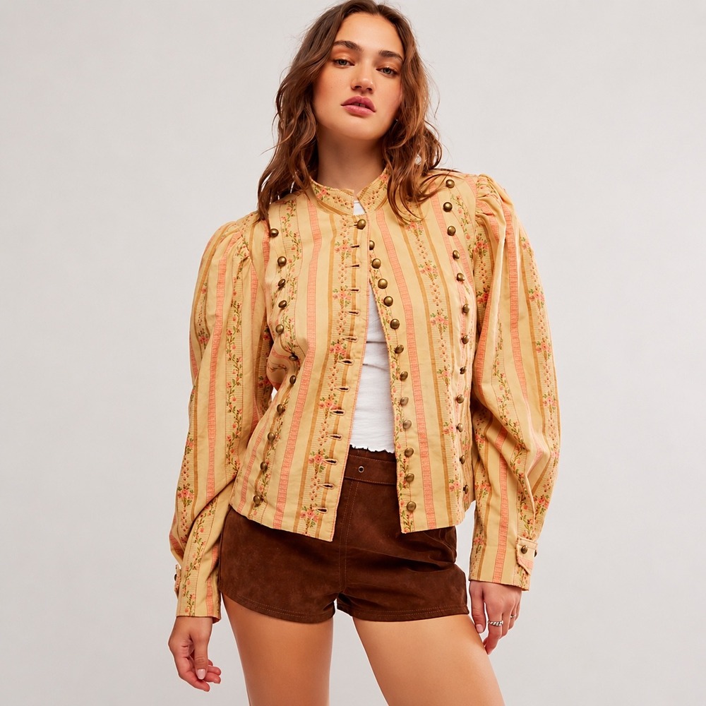 Free People Sorel Cottage Jacket Military Women S Floral Yellow Boho Peplum